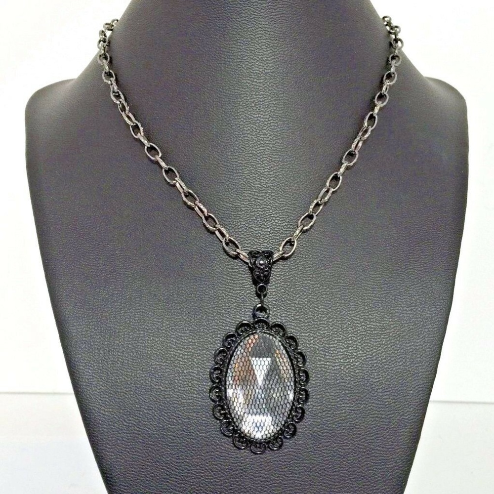 Black Laced Pendant Gunmetal Dangle Necklace